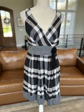 Eva Franco Black, Gray & White Striped Midi Dress